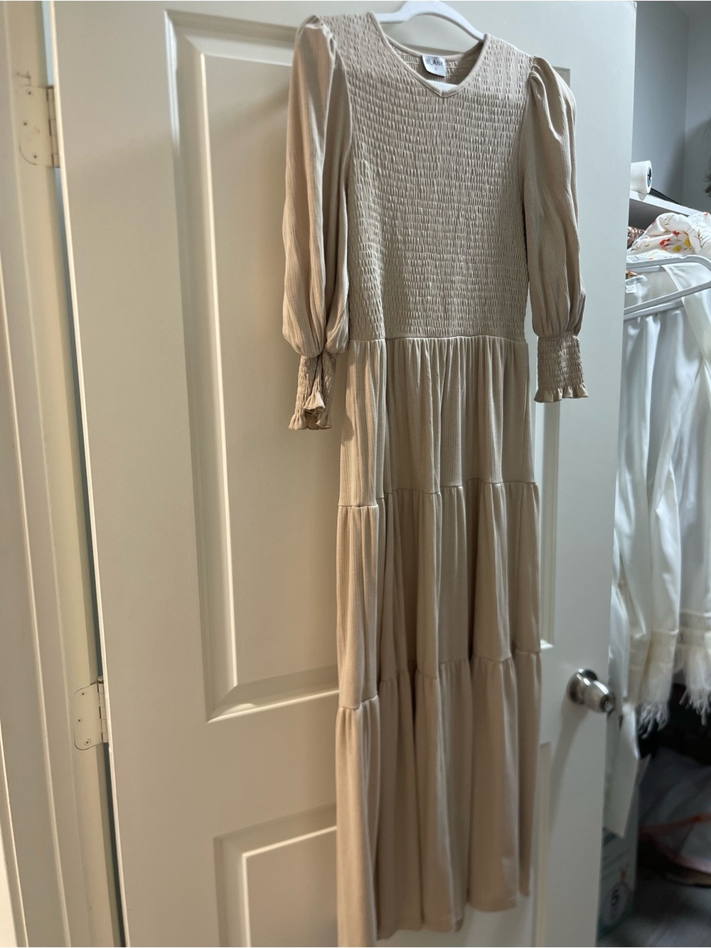 Blank NYC Neutral Cream Long Smocked Tiered Maxi Dress